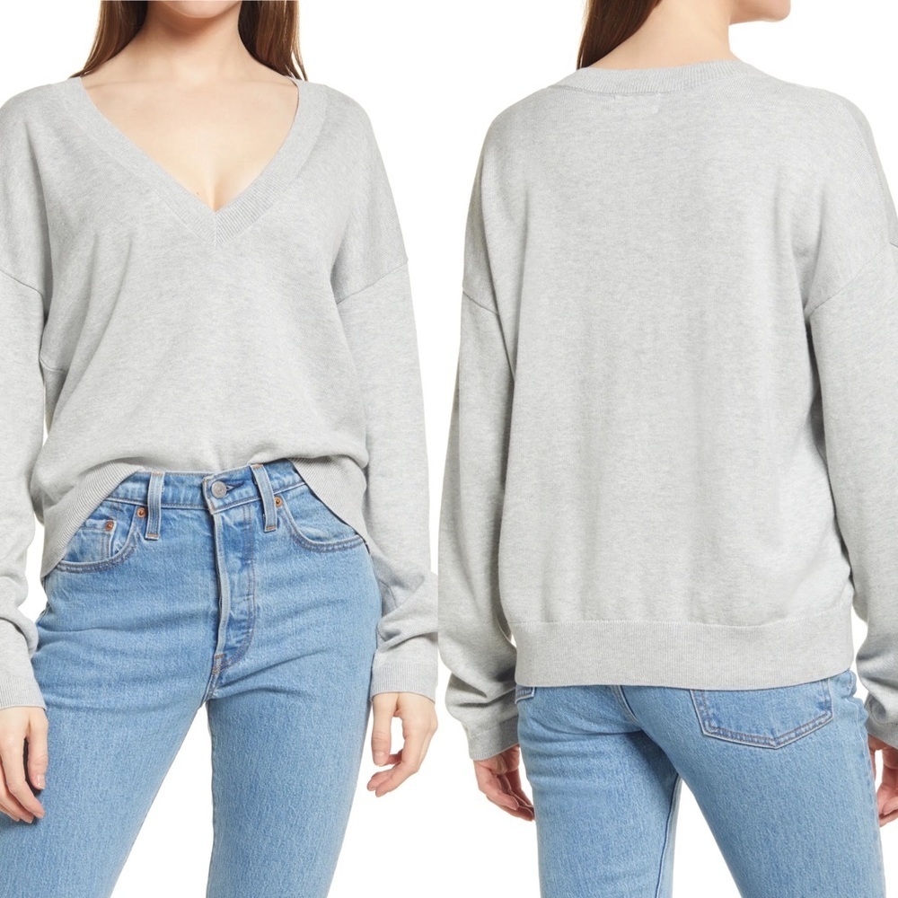 NEW 2022 Nordstrom V-Neck Sweater Grey Size XS‎ Open Edit  Knit Minimalist Top
